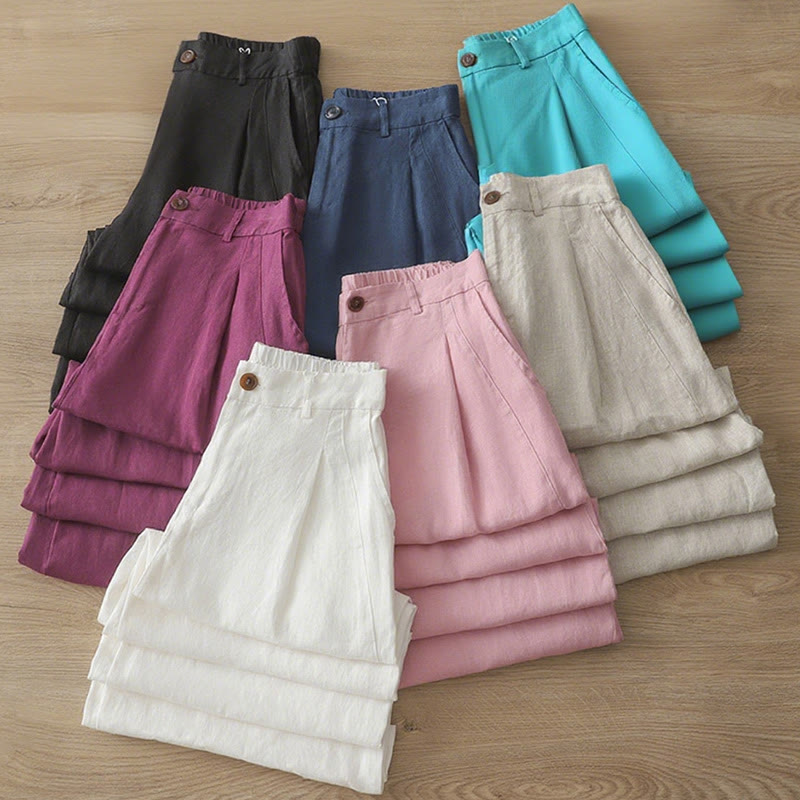 Pantalones casuales retro de algodón con pernera ancha y bolsillos con cremallera de Buddha Stones para mujer
