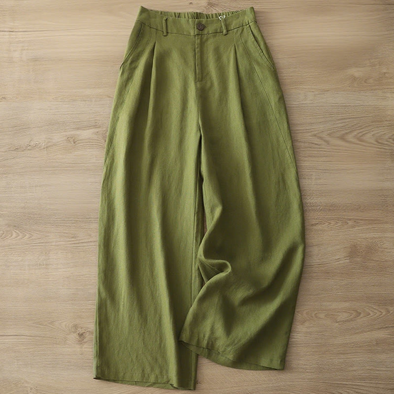 Pantalones casuales retro de algodón con pernera ancha y bolsillos con cremallera de Buddha Stones para mujer