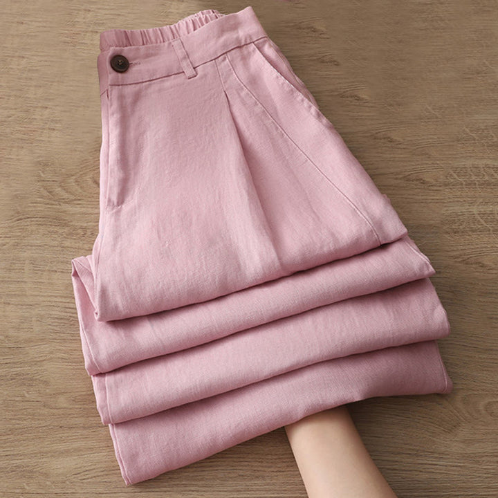 Pantalones casuales retro de algodón con pernera ancha y bolsillos con cremallera de Buddha Stones para mujer