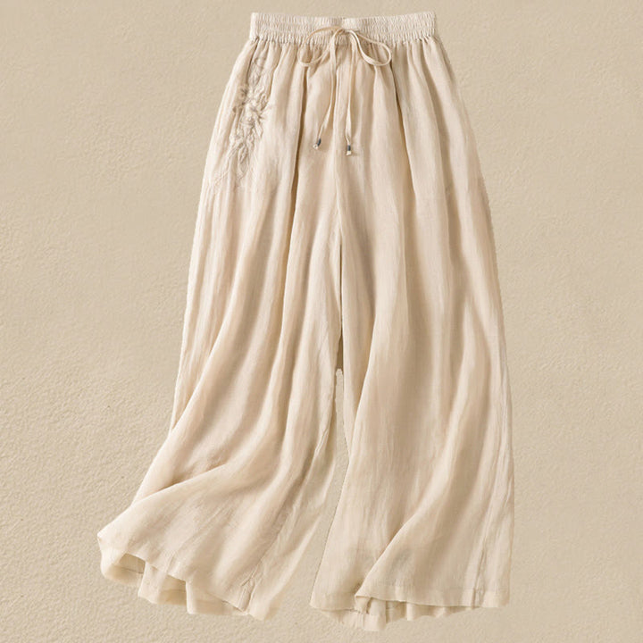 Pantalones anchos de algodón con cordón y bordado Buddha Stones Commute para mujer con bolsillos - Beige - US8-10，UK/AU12-14，EU40-42 (2XL) - image 7