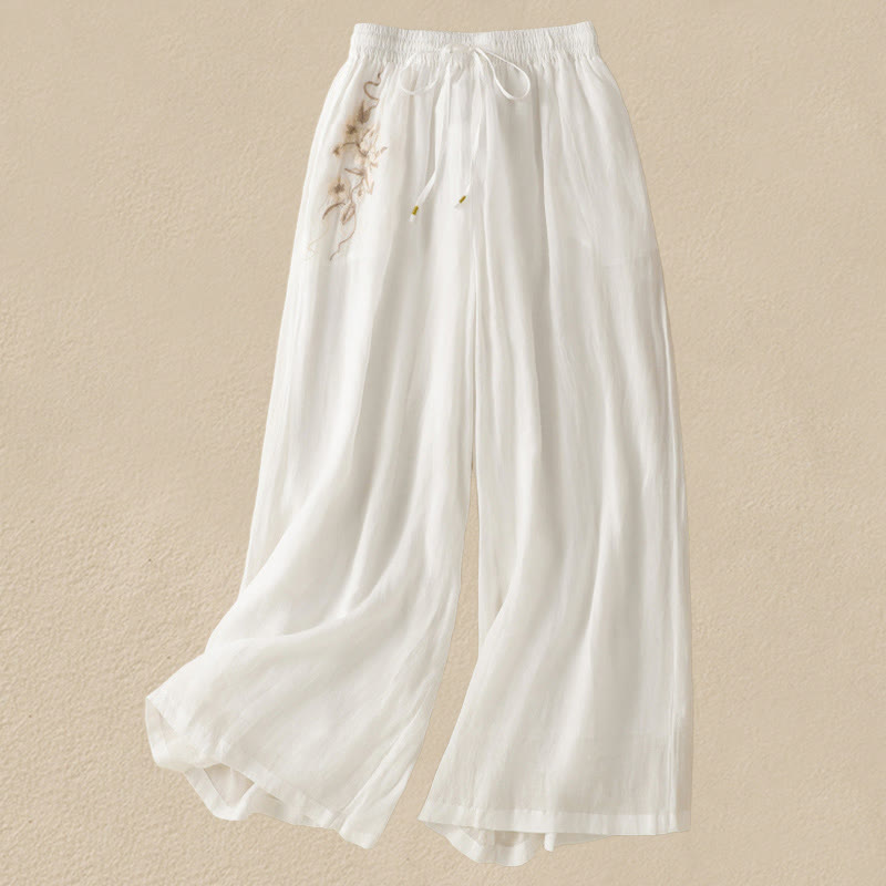 Pantalones anchos de algodón con cordón y bordado Buddha Stones Commute para mujer con bolsillos - Blanco - US8-10，UK/AU12-14，EU40-42 (2XL) - image 25
