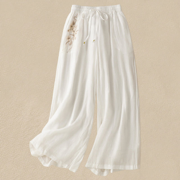 Pantalones anchos de algodón con cordón y bordado Buddha Stones Commute para mujer con bolsillos - Blanco - US8-10，UK/AU12-14，EU40-42 (2XL) - image 25