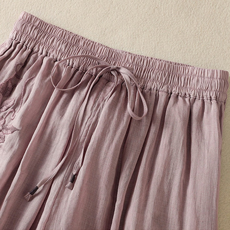 Pantalones anchos de algodón con cordón y bordado Buddha Stones Commute para mujer con bolsillos - image 36