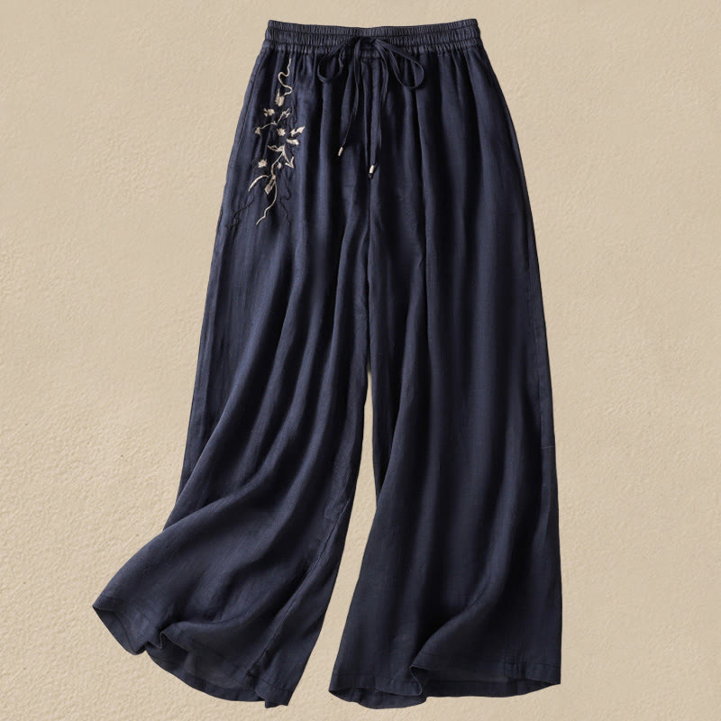 Pantalones anchos de algodón con cordón y bordado Buddha Stones Commute para mujer con bolsillos - Azul medianoche - US8-10，UK/AU12-14，EU40-42 (2XL) - image 0