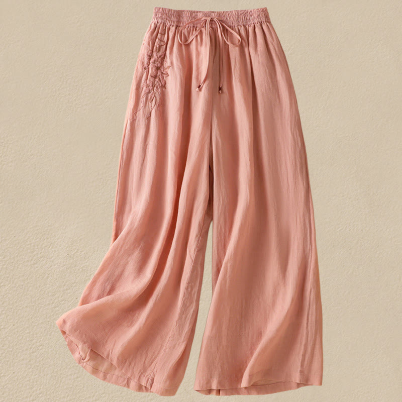 Pantalones anchos de algodón con cordón y bordado Buddha Stones Commute para mujer con bolsillos - Coral - US8-10，UK/AU12-14，EU40-42 (2XL) - image 17