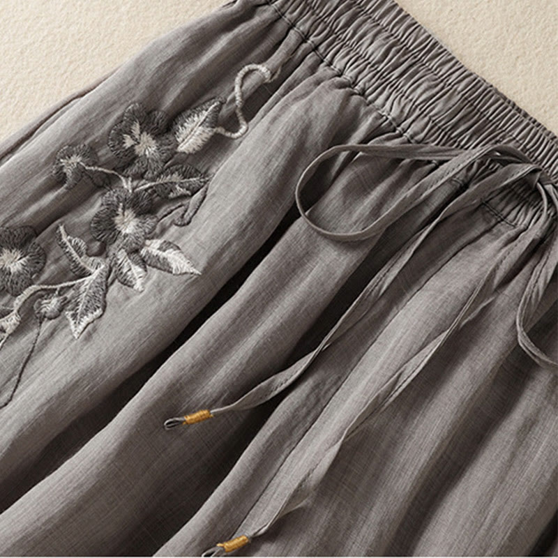 Pantalones anchos de algodón con cordón y bordado Buddha Stones Commute para mujer con bolsillos - image 46