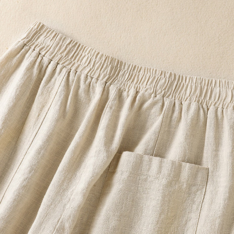 Pantalones harén de lino y algodón para mujer, de cintura alta, con diseño sencillo y sencillo, con bolsillos y Buddha Stones