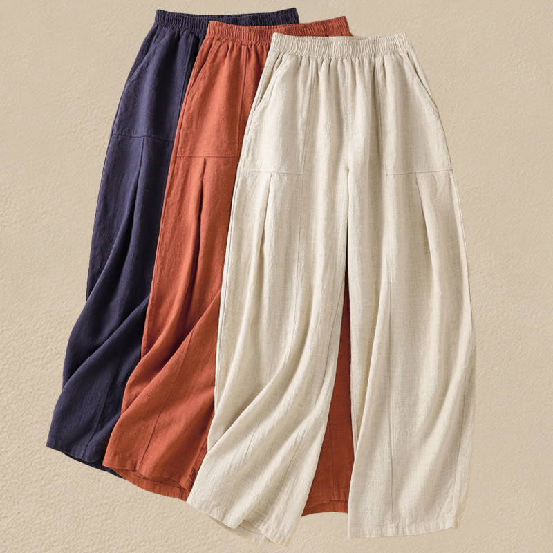 Pantalones harén de lino y algodón para mujer, de cintura alta, con diseño sencillo y sencillo, con bolsillos y Buddha Stones