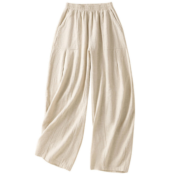 Pantalones harén de lino y algodón para mujer, de cintura alta, con diseño sencillo y sencillo, con bolsillos y Buddha Stones