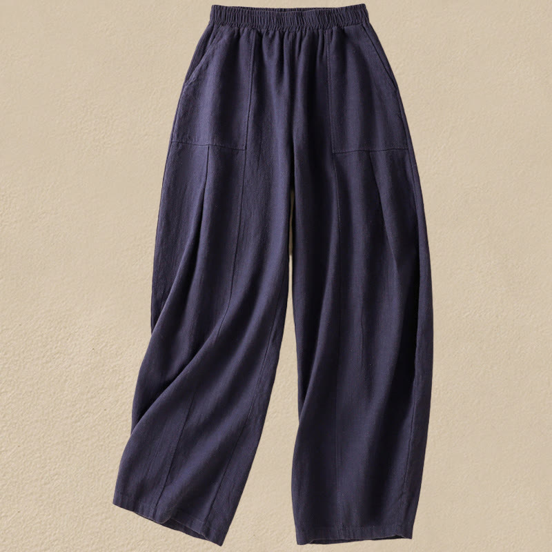 Pantalones harén de lino y algodón para mujer, de cintura alta, con diseño sencillo y sencillo, con bolsillos y Buddha Stones