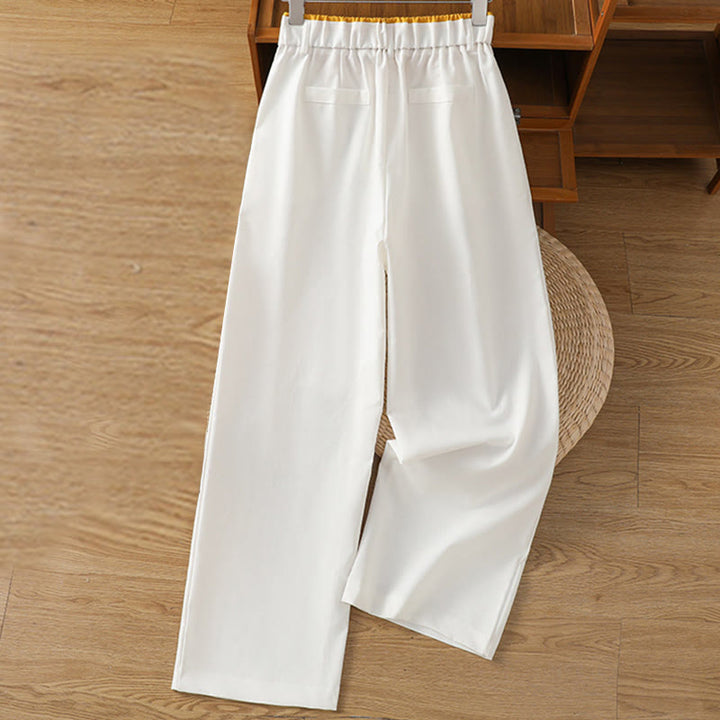 Pantalones anchos de lino y algodón para mujer con diseño informal de cintura hueca y encaje Buddha Stones y bolsillos