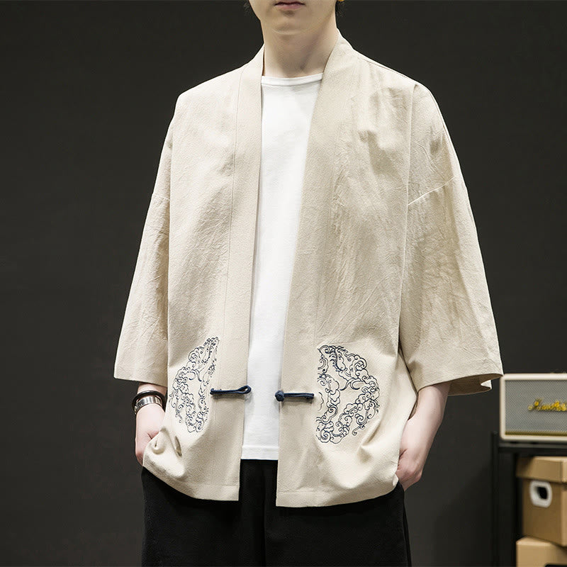 Chaqueta tipo kimono de manga larga de lino y algodón para hombre, con diseño de rana china y Buddha Stones - Beige - US/UK/AU46, EU56 (5XL) - image 9