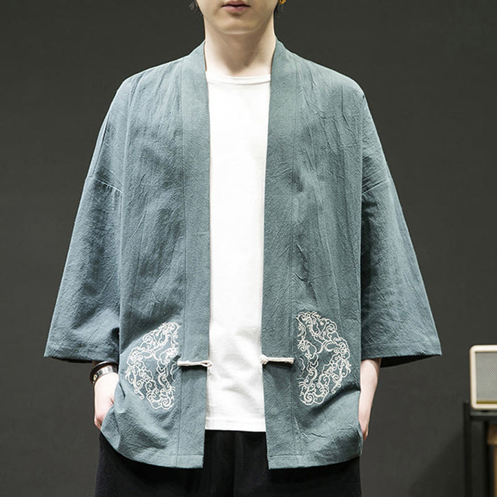 Chaqueta tipo kimono de manga larga de lino y algodón para hombre, con diseño de rana china y Buddha Stones - image 8