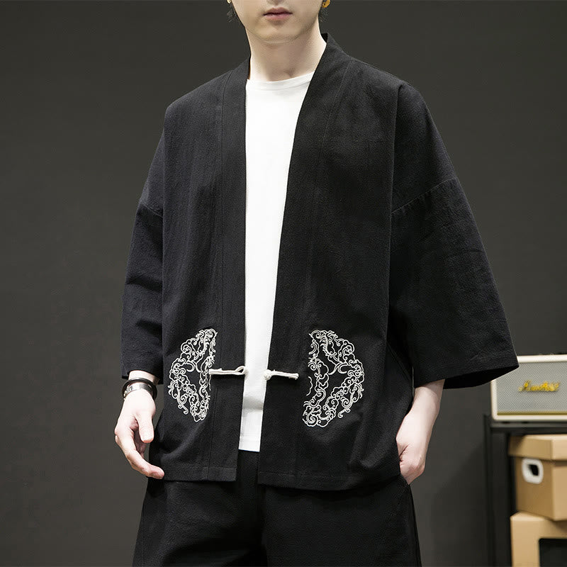 Chaqueta tipo kimono de manga larga de lino y algodón para hombre, con diseño de rana china y Buddha Stones - Negro - US/UK/AU46, EU56 (5XL) - image 1
