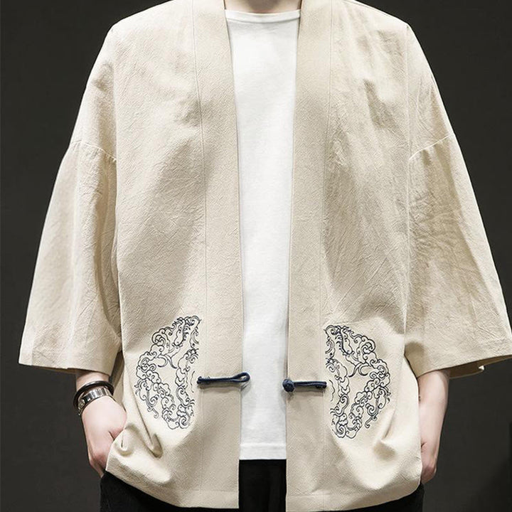 Chaqueta tipo kimono de manga larga de lino y algodón para hombre, con diseño de rana china y Buddha Stones - image 11