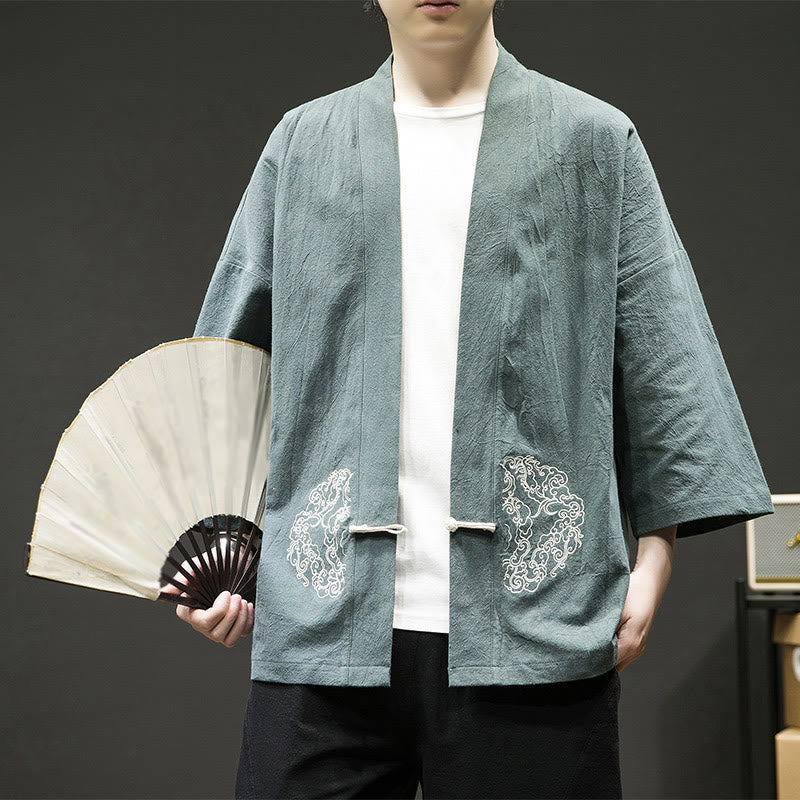 Chaqueta tipo kimono de manga larga de lino y algodón para hombre, con diseño de rana china y Buddha Stones - Verde mar claro - US/UK/AU46, EU56 (5XL) - image 5