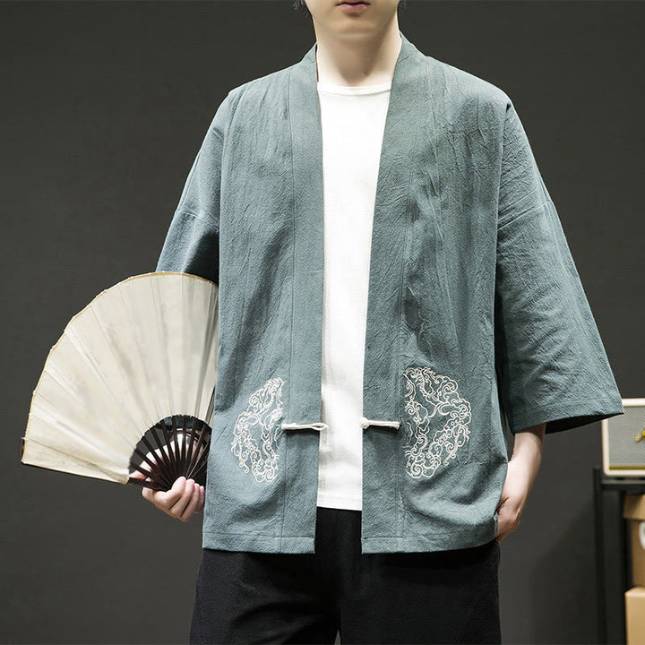 Chaqueta tipo kimono de manga larga de lino y algodón para hombre, con diseño de rana china y Buddha Stones - Verde mar claro - US/UK/AU46, EU56 (5XL) - image 5