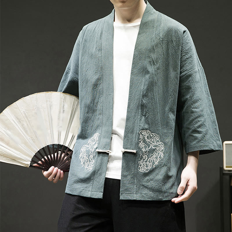 Chaqueta tipo kimono de manga larga de lino y algodón para hombre, con diseño de rana china y Buddha Stones - image 6