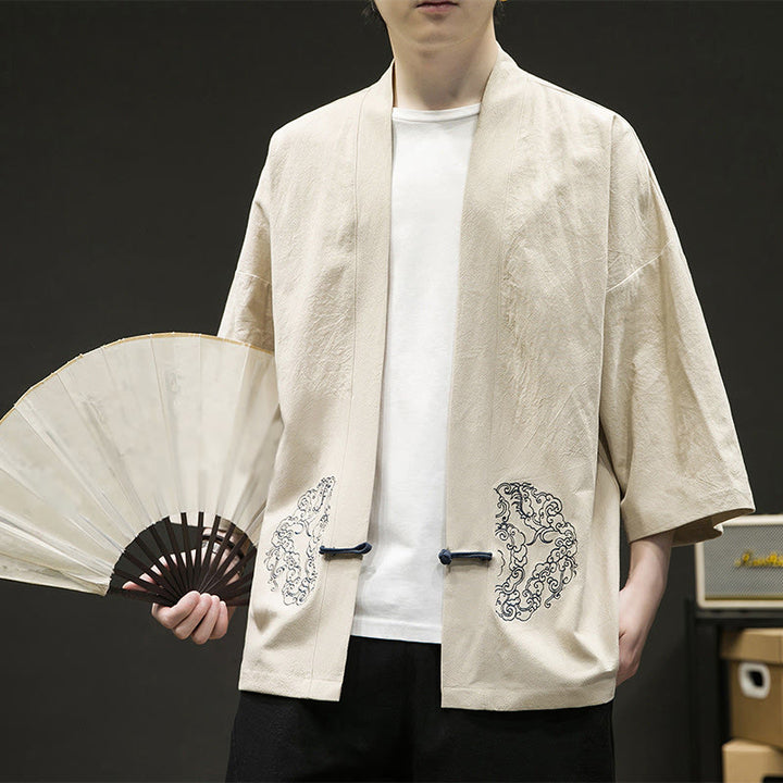 Chaqueta tipo kimono de manga larga de lino y algodón para hombre, con diseño de rana china y Buddha Stones - image 10