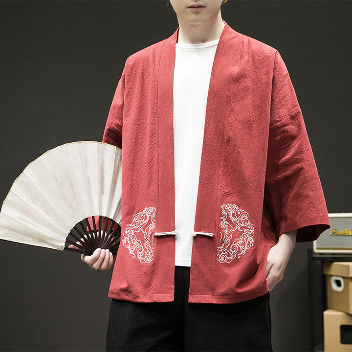 Chaqueta tipo kimono de manga larga de lino y algodón para hombre, con diseño de rana china y Buddha Stones - NaranjaRojo - US/UK/AU46, EU56 (5XL) - image 14