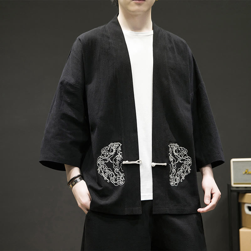 Chaqueta tipo kimono de manga larga de lino y algodón para hombre, con diseño de rana china y Buddha Stones - image 2