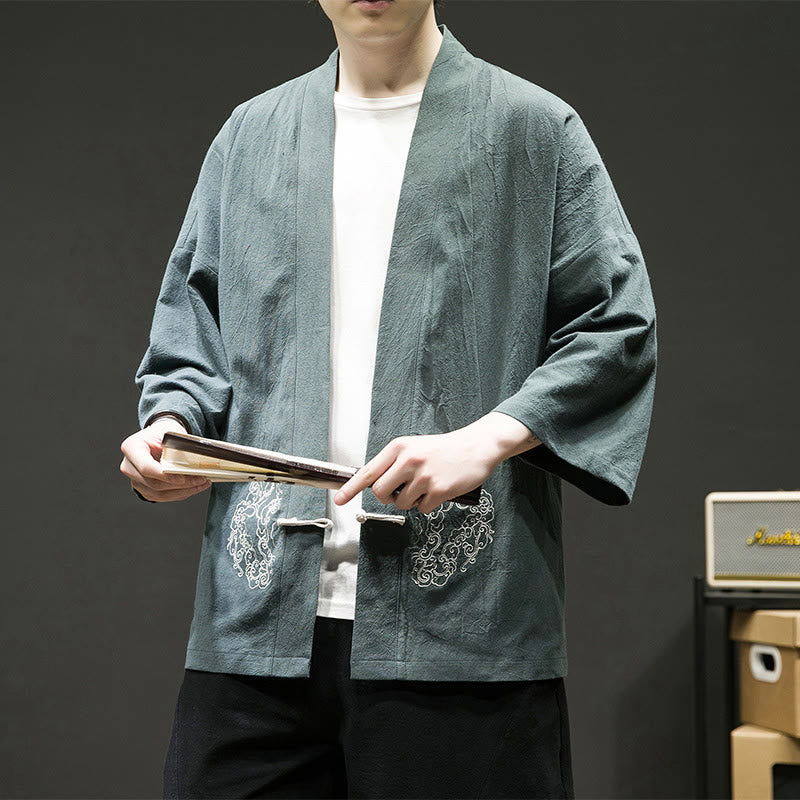 Chaqueta tipo kimono de manga larga de lino y algodón para hombre, con diseño de rana china y Buddha Stones - image 7