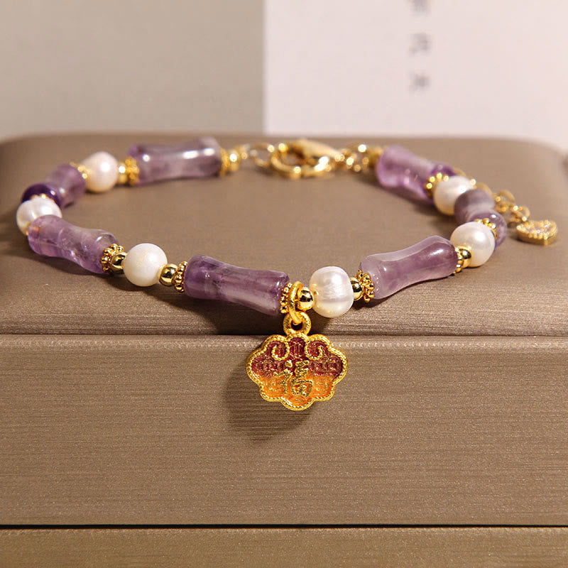 Pulsera de equilibrio con Buddha Stones , candado de paz natural, forma de bambú, carácter Fu, amatista y perla - Amatista (circunferencia de la muñeca: 18-22 cm) - image 1