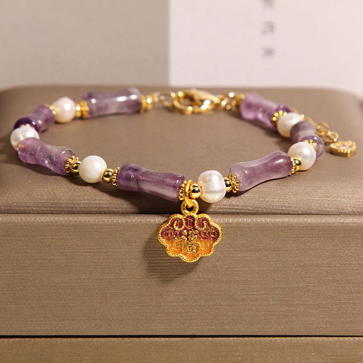 Pulsera de equilibrio con Buddha Stones , candado de paz natural, forma de bambú, carácter Fu, amatista y perla - Amatista (circunferencia de la muñeca: 18-22 cm) - image 1