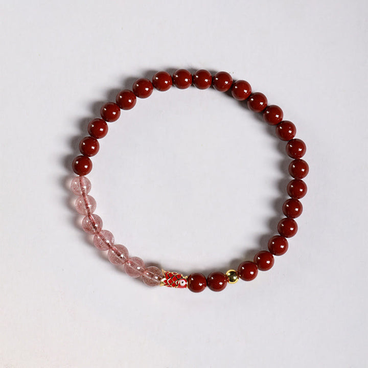 Pulsera de bendición de peces koi de la suerte con cuarzo fresa y cristal rosa cinabrio natural de Buddha Stones - Cinabrio de 5 mm, cuarzo fresa y carpas koi pequeñas - image 9
