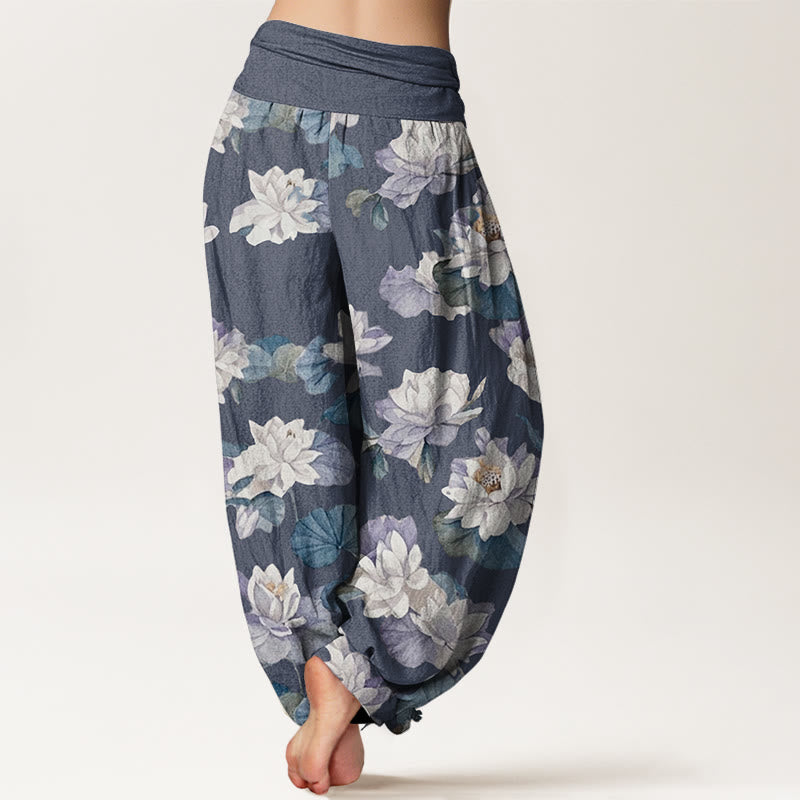 Pantalones harén con cintura elástica para mujer, diseño elegante e informal con estampado de loto y Buddha Stones - image 2