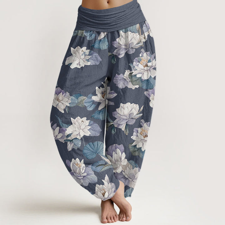 Pantalones harén con cintura elástica para mujer, diseño elegante e informal con estampado de loto y Buddha Stones - Gris pizarra claro - US22，UK/AU26，EU54 (6XL) - image 0