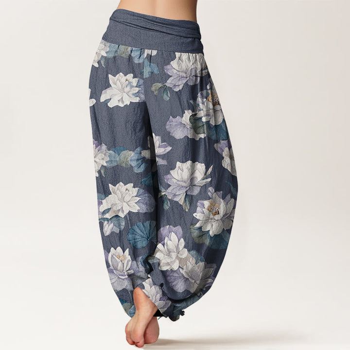 Pantalones harén con cintura elástica para mujer, diseño elegante e informal con estampado de loto y Buddha Stones - image 3