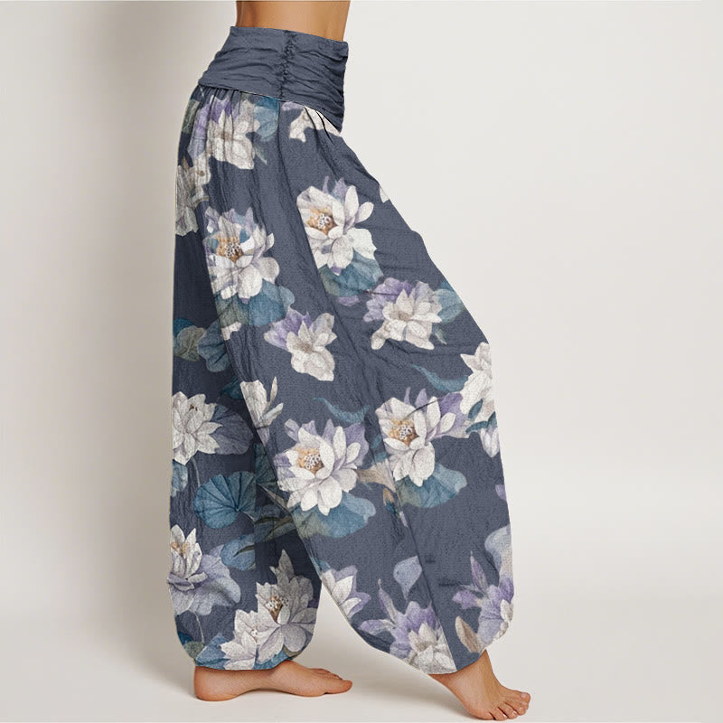 Pantalones harén con cintura elástica para mujer, diseño elegante e informal con estampado de loto y Buddha Stones - image 1