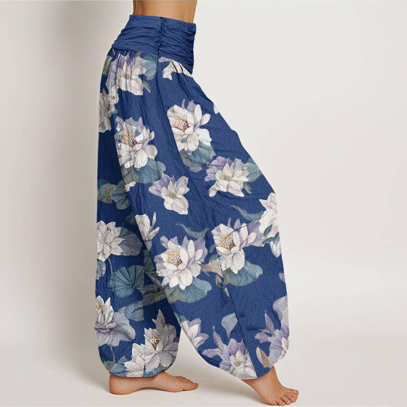 Pantalones harén con cintura elástica para mujer, diseño elegante e informal con estampado de loto y Buddha Stones - image 5