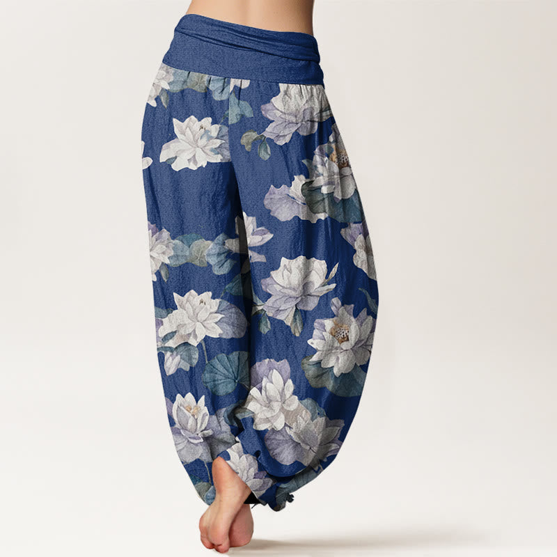Pantalones harén con cintura elástica para mujer, diseño elegante e informal con estampado de loto y Buddha Stones - image 7