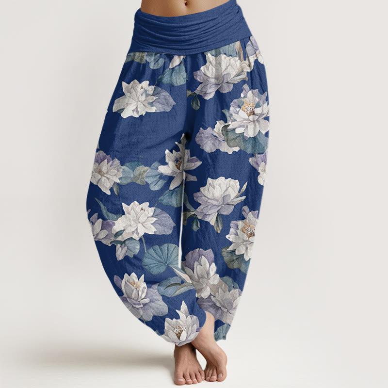 Pantalones harén con cintura elástica para mujer, diseño elegante e informal con estampado de loto y Buddha Stones - Azul real - US22，UK/AU26，EU54 (6XL) - image 4