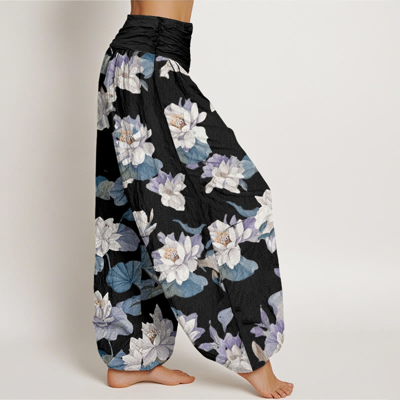Pantalones harén con cintura elástica para mujer, diseño elegante e informal con estampado de loto y Buddha Stones - image 9
