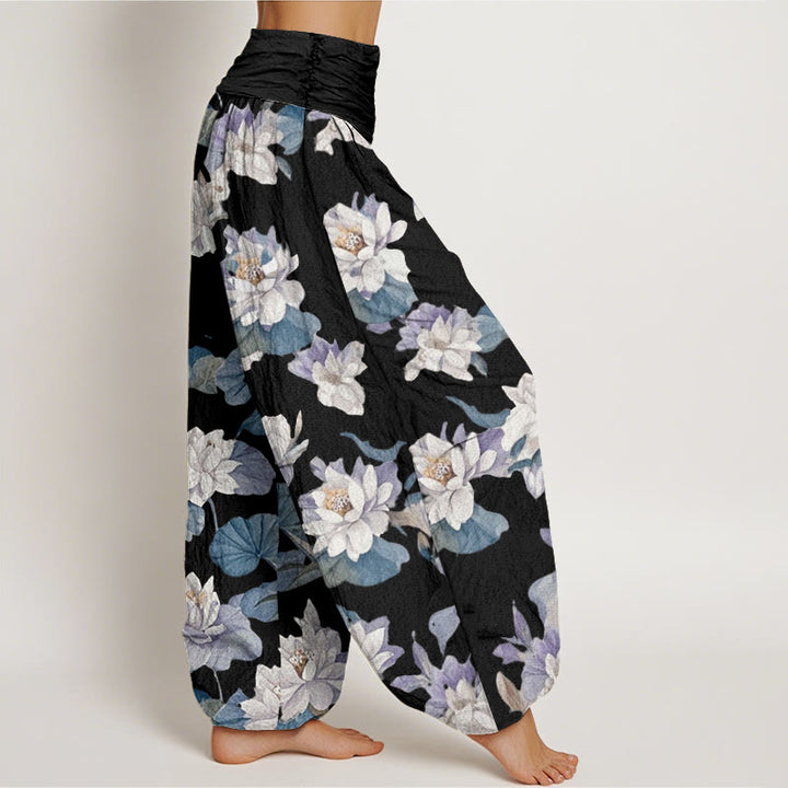 Pantalones harén con cintura elástica para mujer, diseño elegante e informal con estampado de loto y Buddha Stones - image 9