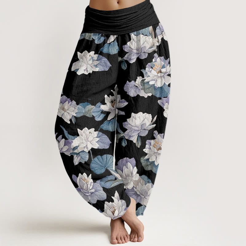 Pantalones harén con cintura elástica para mujer, diseño elegante e informal con estampado de loto y Buddha Stones - Negro - US22，UK/AU26，EU54 (6XL) - image 7