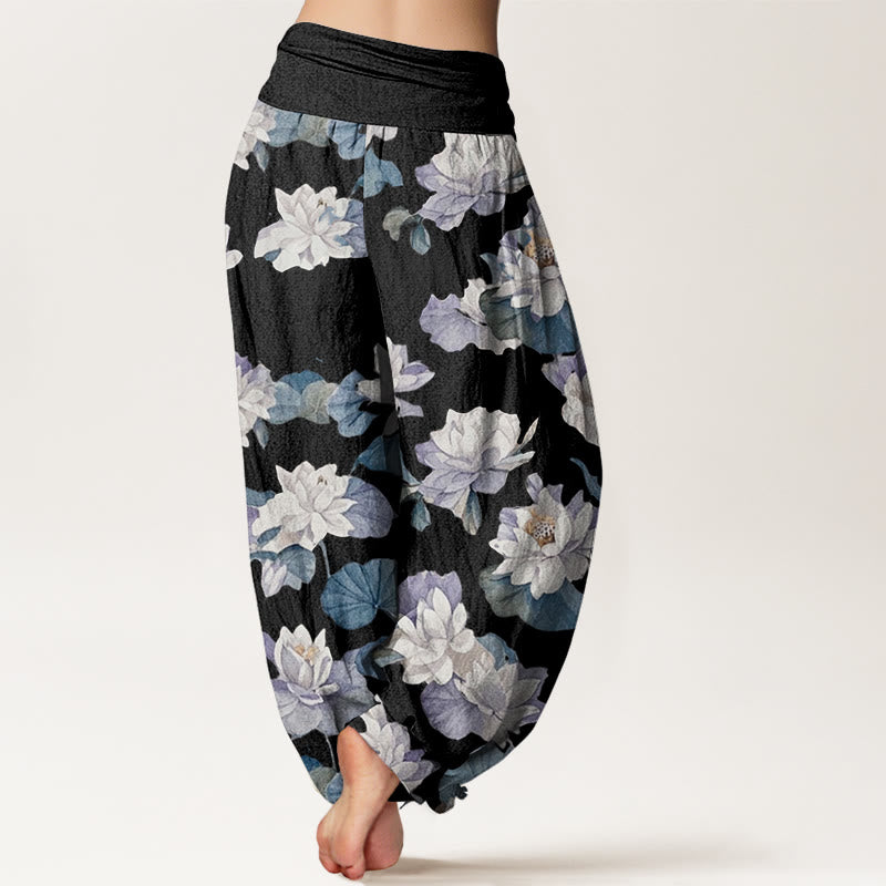 Pantalones harén con cintura elástica para mujer, diseño elegante e informal con estampado de loto y Buddha Stones - image 9