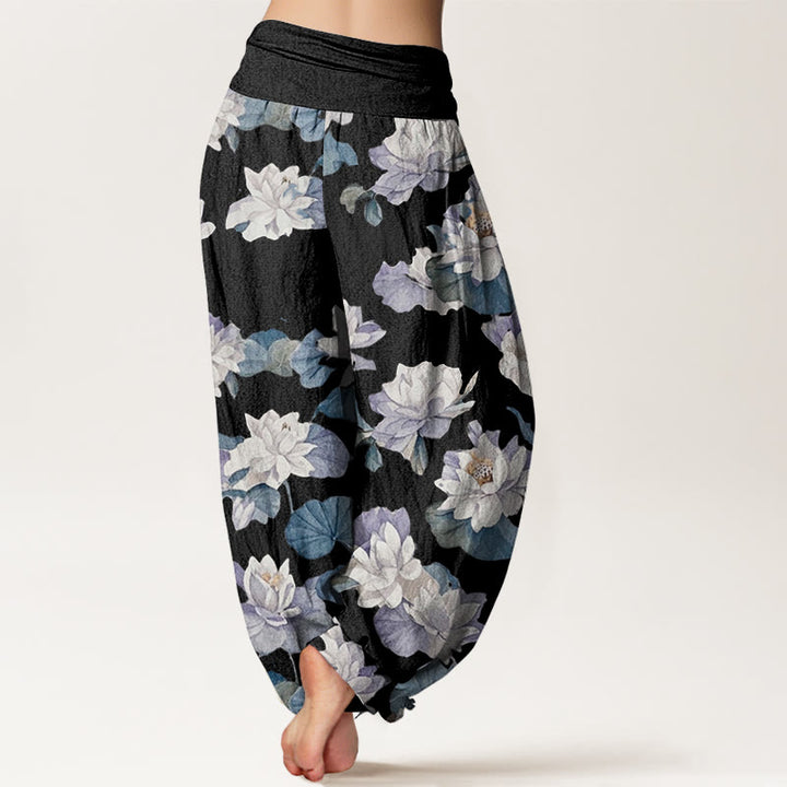 Pantalones harén con cintura elástica para mujer, diseño elegante e informal con estampado de loto y Buddha Stones - image 9