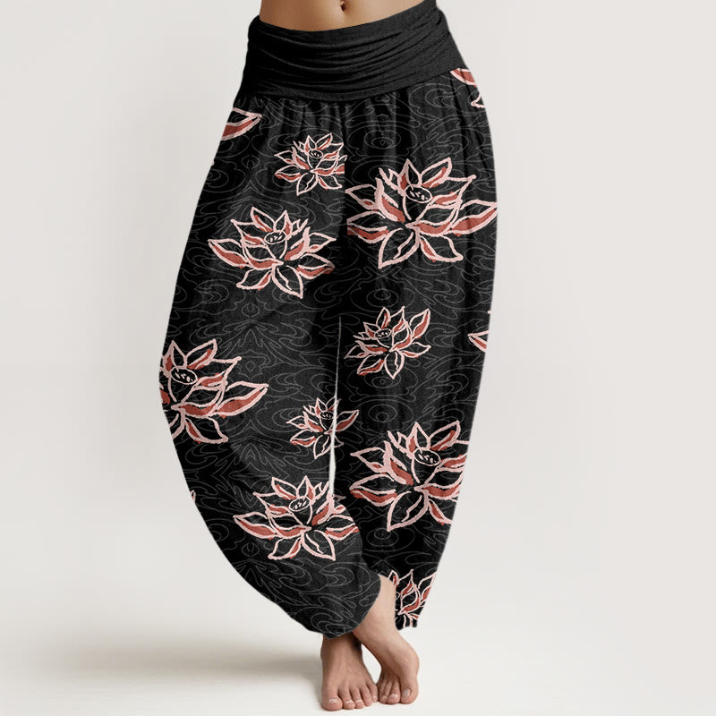 Pantalones harén informales con estampado de líneas de loto y Buddha Stones para mujer, con cintura elástica - Negro - US22，UK/AU26，EU54 (6XL) - image 1