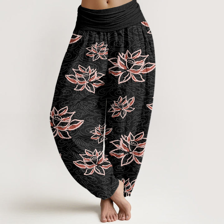 Pantalones harén informales con estampado de líneas de loto y Buddha Stones para mujer, con cintura elástica - Negro - US22，UK/AU26，EU54 (6XL) - image 1