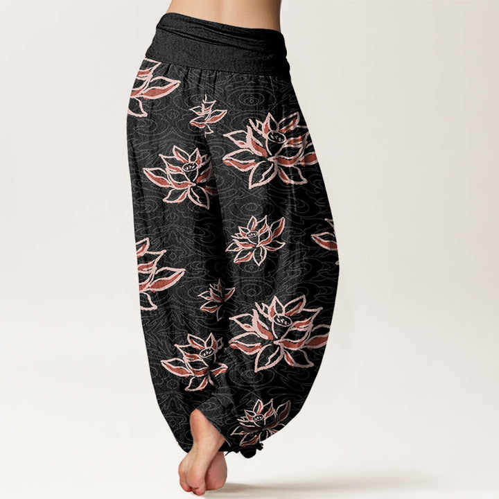 Pantalones harén informales con estampado de líneas de loto y Buddha Stones para mujer, con cintura elástica - image 3