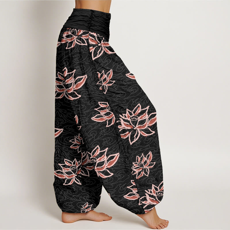 Pantalones harén informales con estampado de líneas de loto y Buddha Stones para mujer, con cintura elástica - image 1
