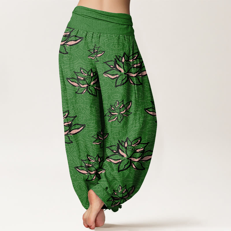 Pantalones harén informales con estampado de líneas de loto y Buddha Stones para mujer, con cintura elástica - image 6