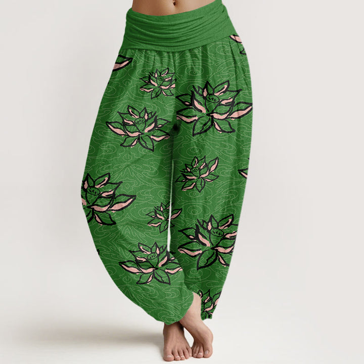 Pantalones harén informales con estampado de líneas de loto y Buddha Stones para mujer, con cintura elástica - Verde bosque - US22，UK/AU26，EU54 (6XL) - image 4
