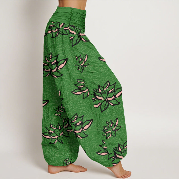 Pantalones harén informales con estampado de líneas de loto y Buddha Stones para mujer, con cintura elástica - image 5