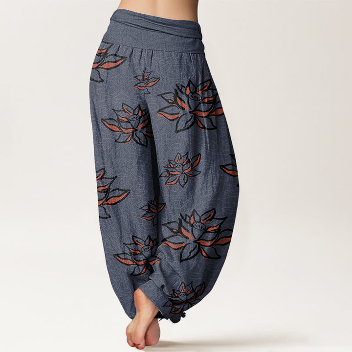 Pantalones harén informales con estampado de líneas de loto y Buddha Stones para mujer, con cintura elástica - image 9