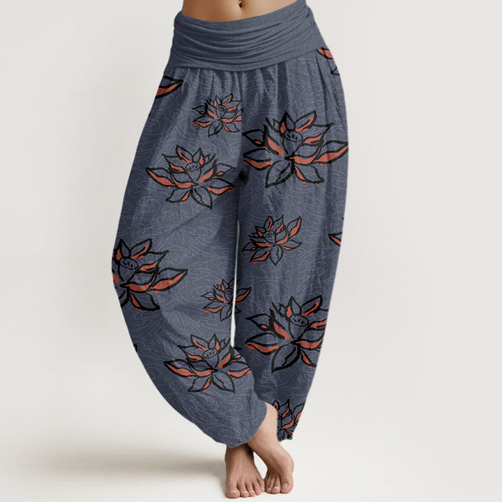 Pantalones harén informales con estampado de líneas de loto y Buddha Stones para mujer, con cintura elástica - Azul medianoche - US22，UK/AU26，EU54 (6XL) - image 8